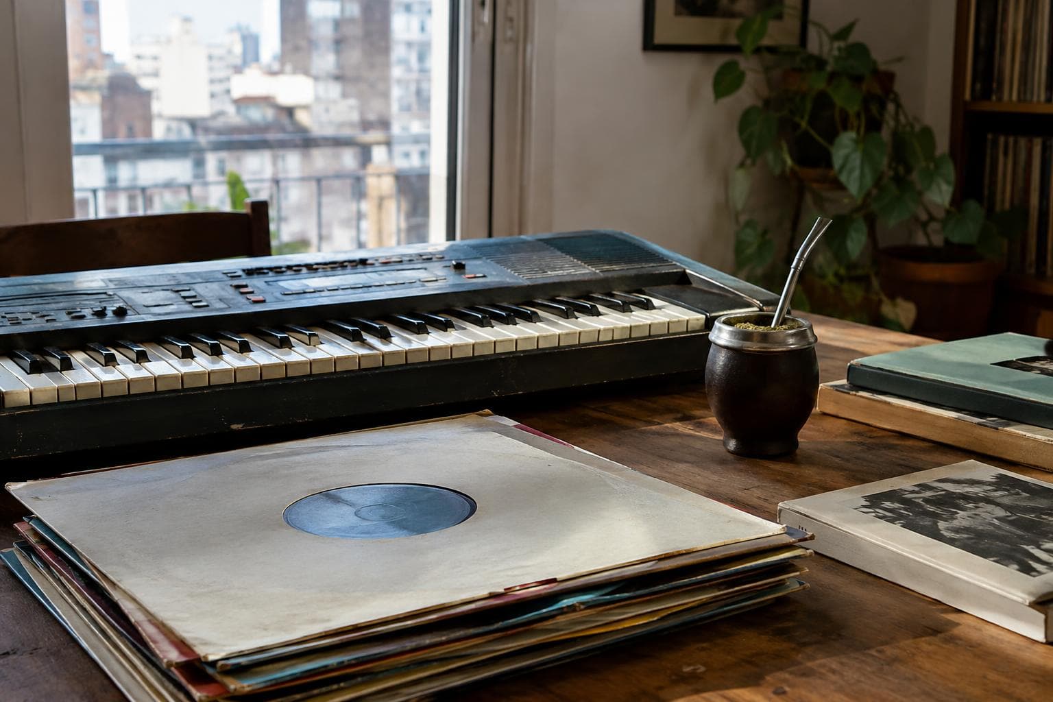 Ilustrativa y no documental, de un teclado, vinilos y libros en una escena cultural porteña.