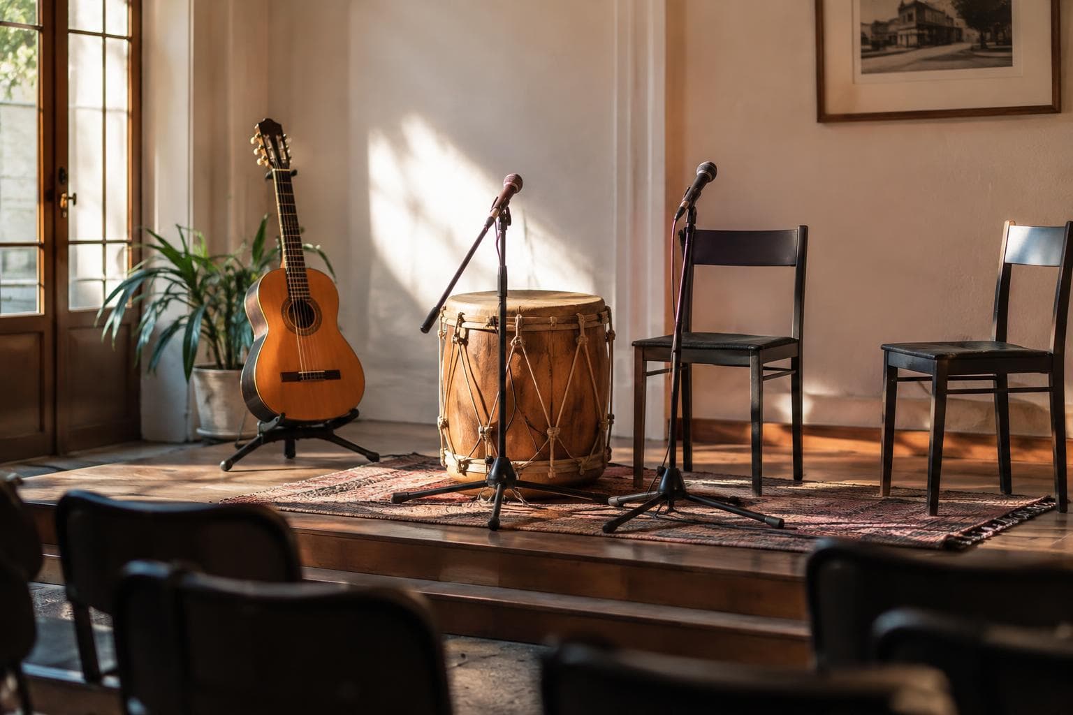 Un escenario cultural con guitarra, bombo legüero y micrófonos preparado para folclore.