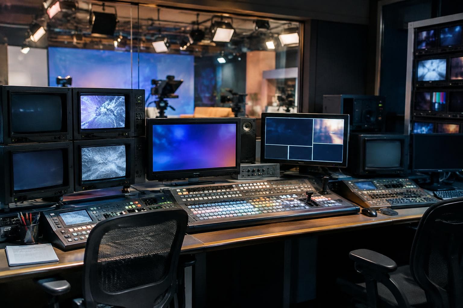 Una sala de control televisiva genérica con equipos modernos y antiguos.