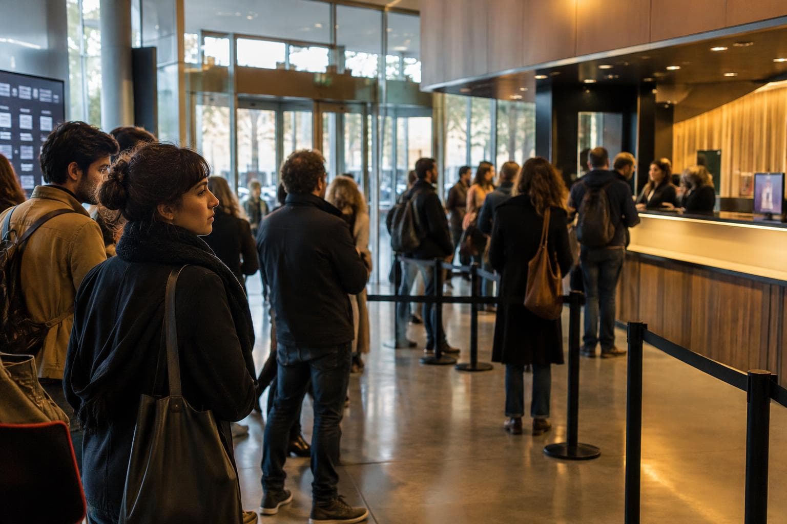 Un hall de cine con público anónimo antes de una función, ilustrativa y no documental.