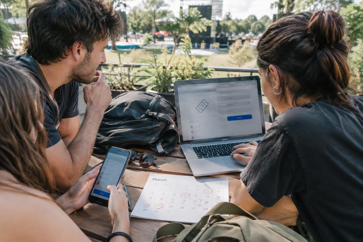 Personas planificando entradas para un festival de música al aire libre.