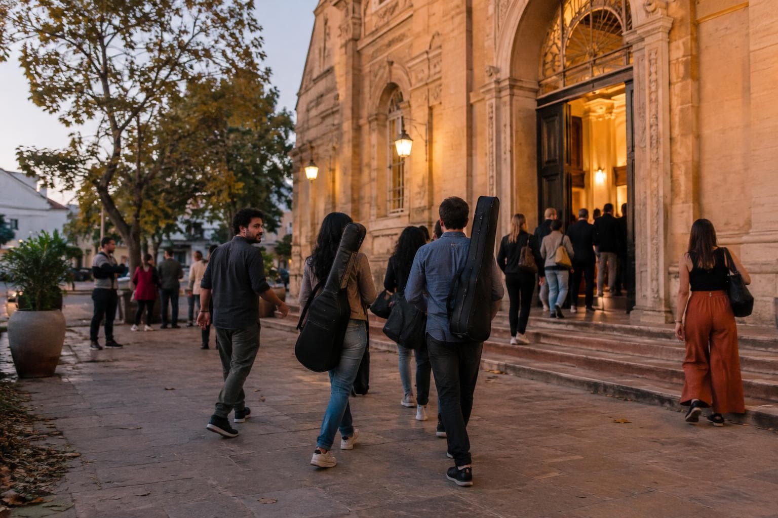 Público llegando a una sede cultural en Santa Fe al atardecer.