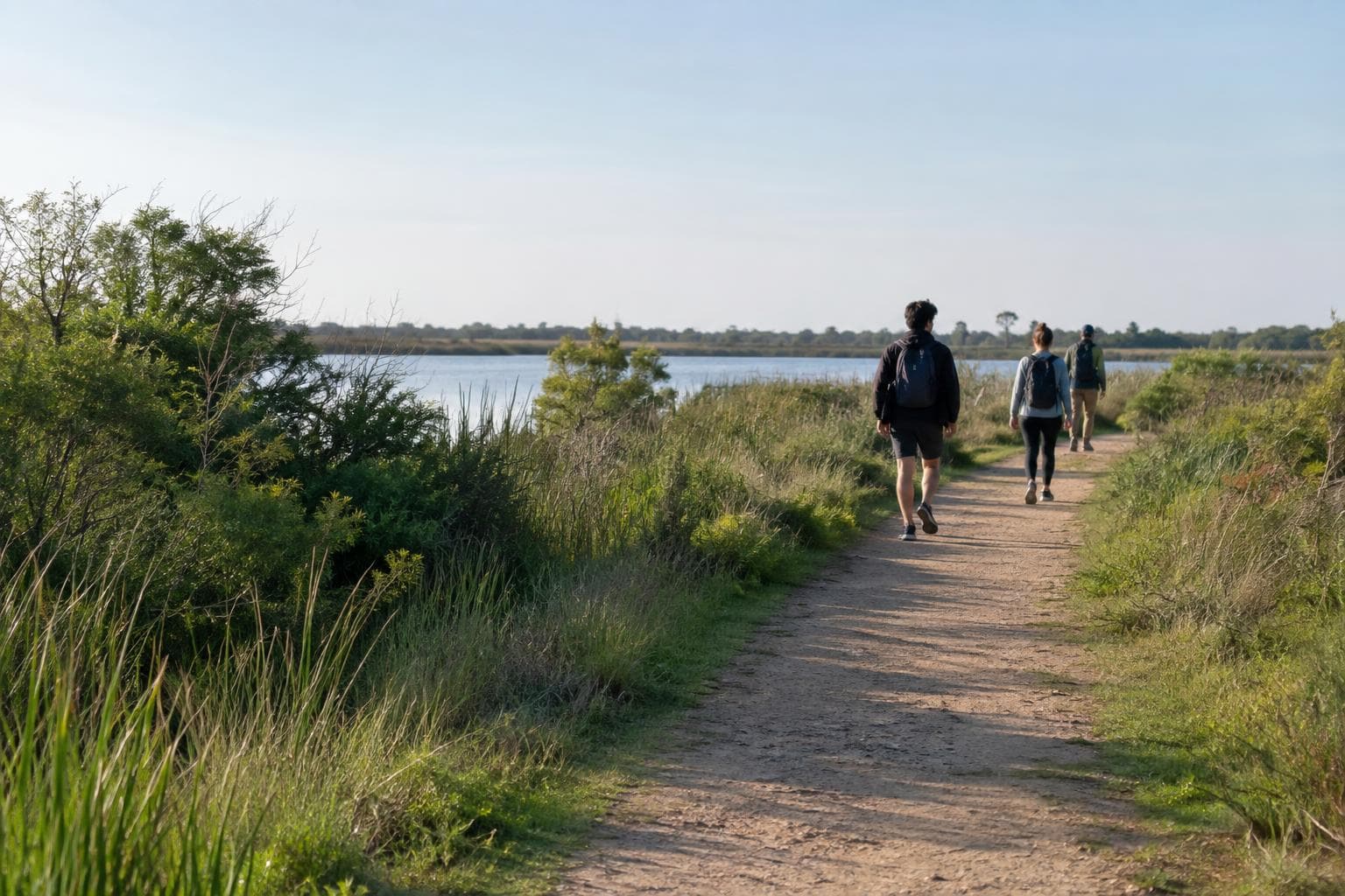 People walk along a path beside wetland vegetation, an illustrative scene for a Costanera Sur guide.
