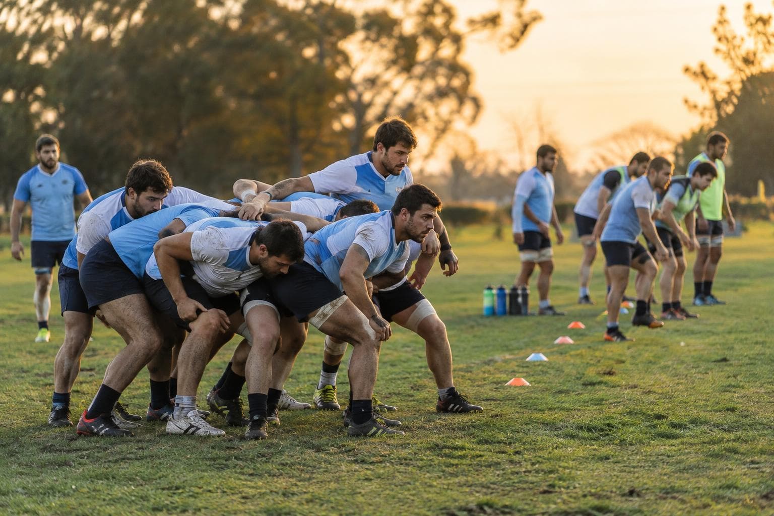 A rugby training session on a grass field at sunset.