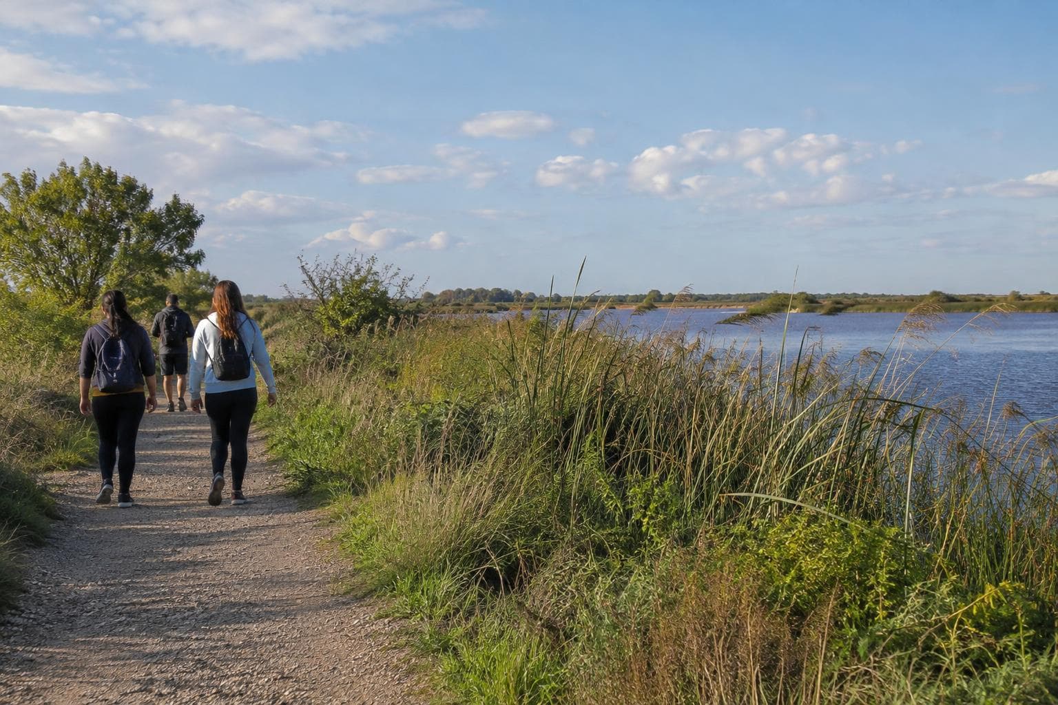 Caminantes no identificables avanzan por un sendero junto a vegetación de humedal, escena ilustrativa para una guía de Costanera Sur.