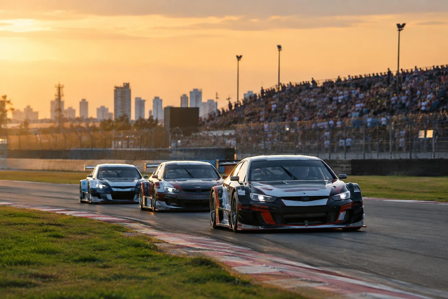 Touring race cars at an Argentine circuit during an afternoon race.