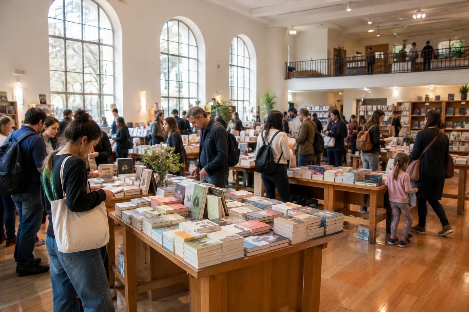 Visitors browsing book stands inside a cultural center.