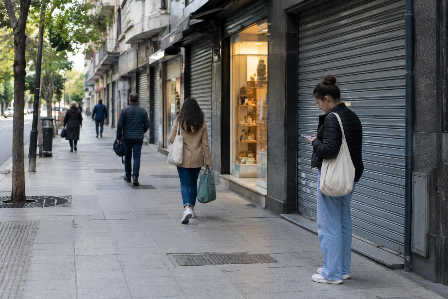 AI-generated photorealistic illustrative image: a quiet urban shopping street with closed shutters, pedestrians carrying bags and one person checking a phone.