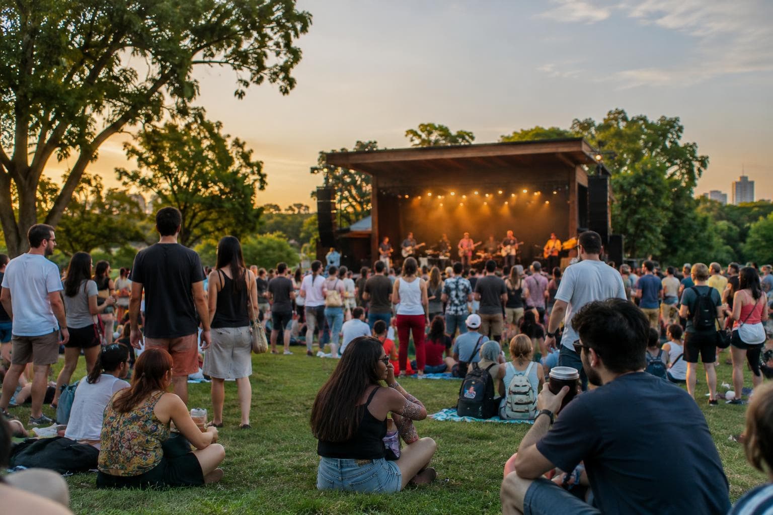 Un festival de folklore al aire libre con público en un parque urbano.