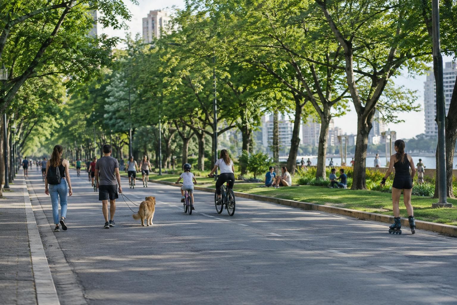 Una avenida rosarina con personas caminando y andando en bicicleta durante una mañana recreativa.