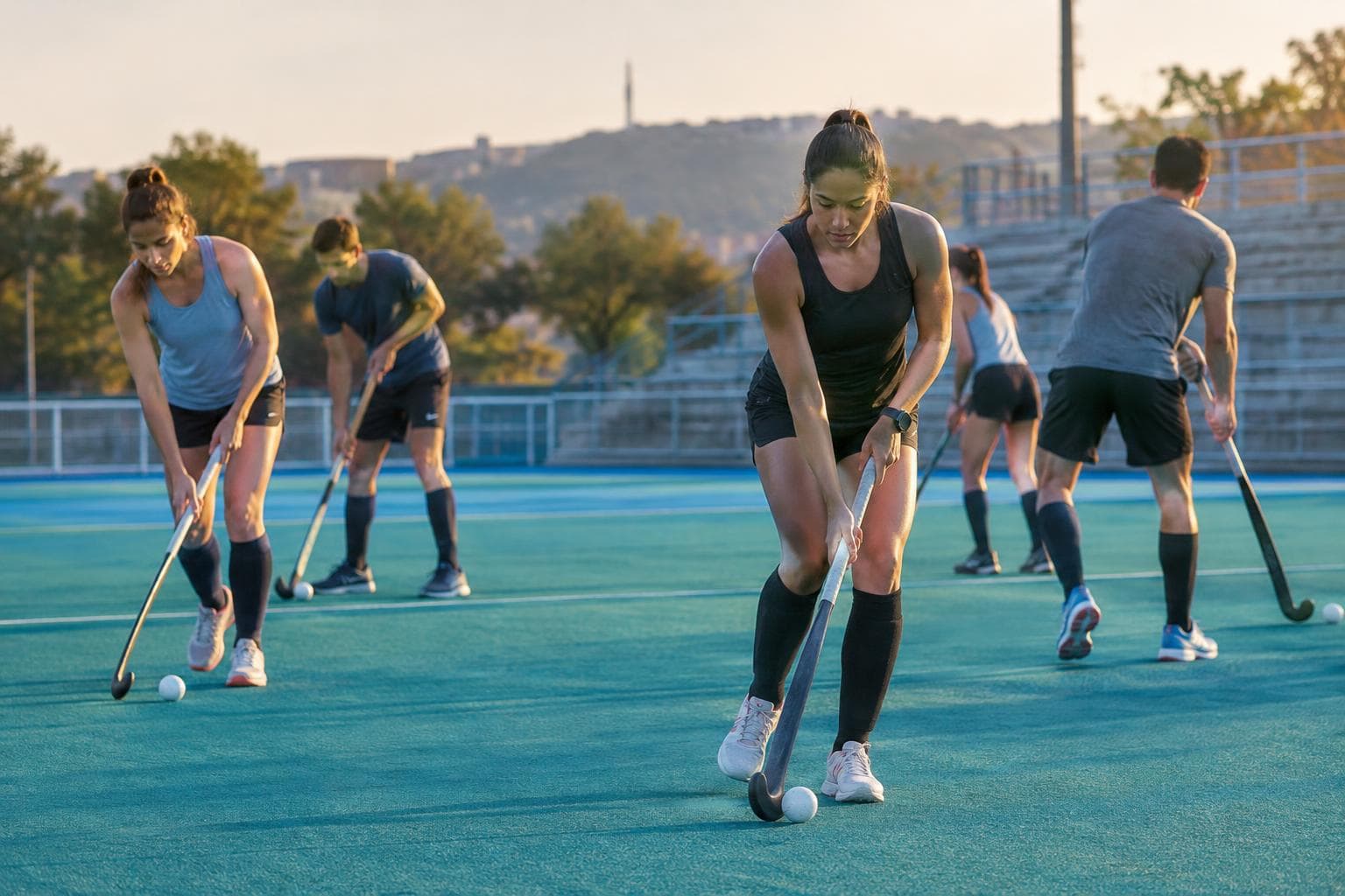 Field hockey players training on a synthetic pitch with stands in the background.