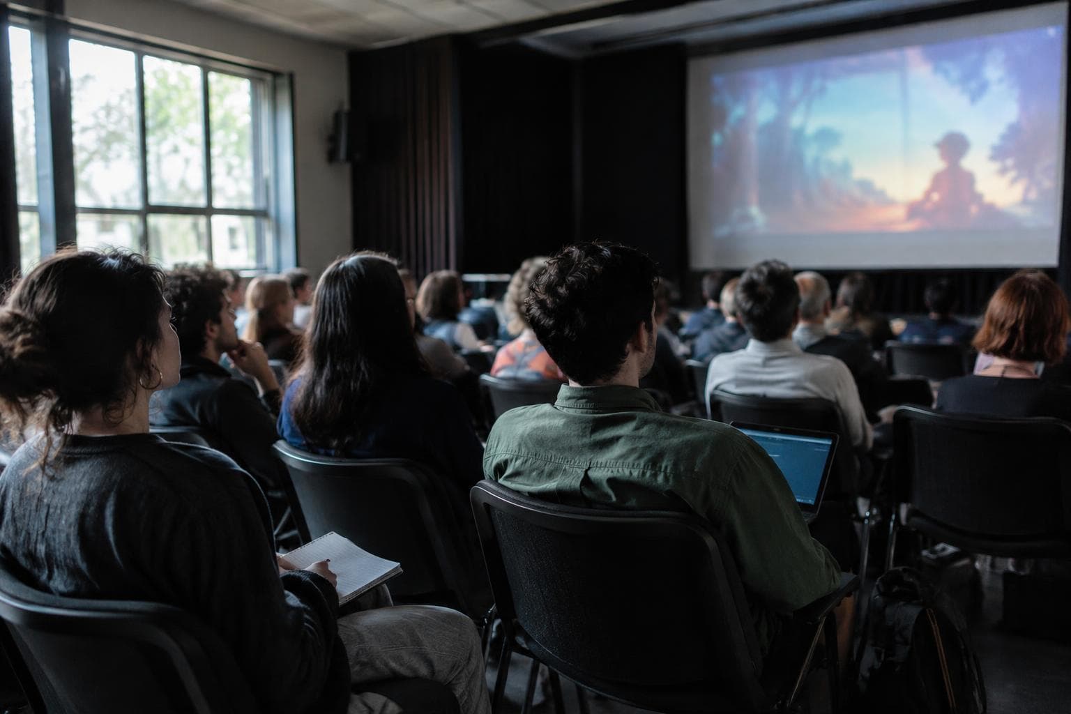 Una sala universitaria con público mirando una proyección de animación sin texto visible.