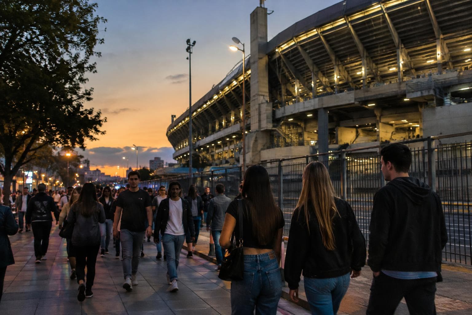 Público caminando cerca de un estadio de Buenos Aires al atardecer.
