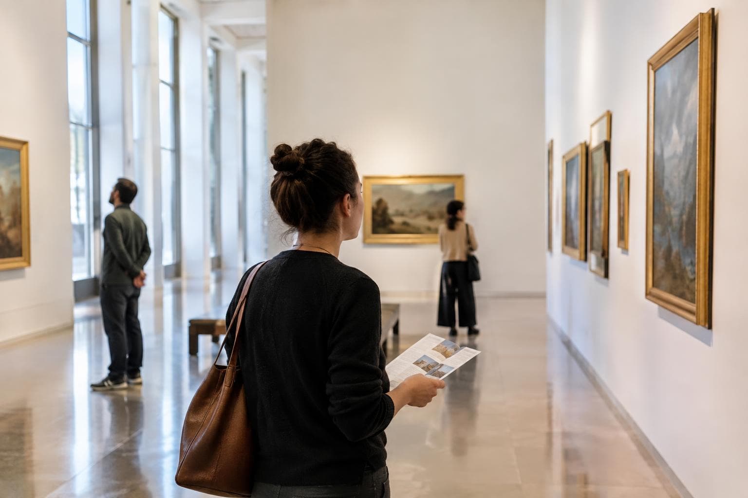 Imagen fotorealista generada con IA: visitante observa obras en una sala de museo luminosa, escena ilustrativa no documental.