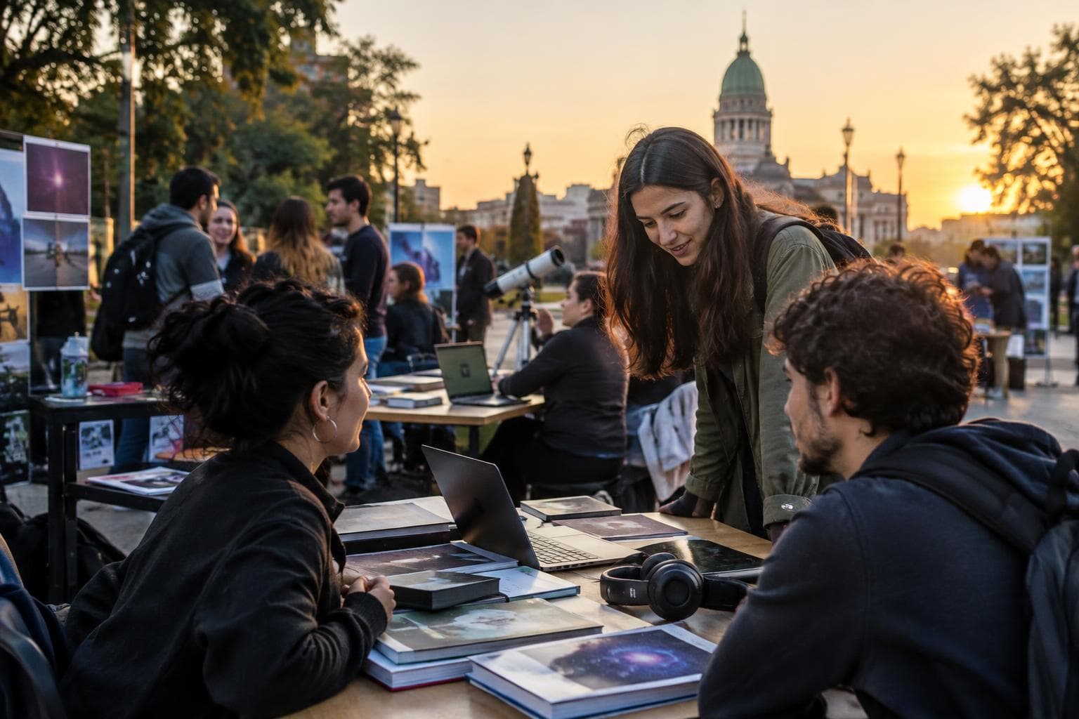 Un stand de divulgación científica en una plaza urbana al atardecer, usada como ilustración.
