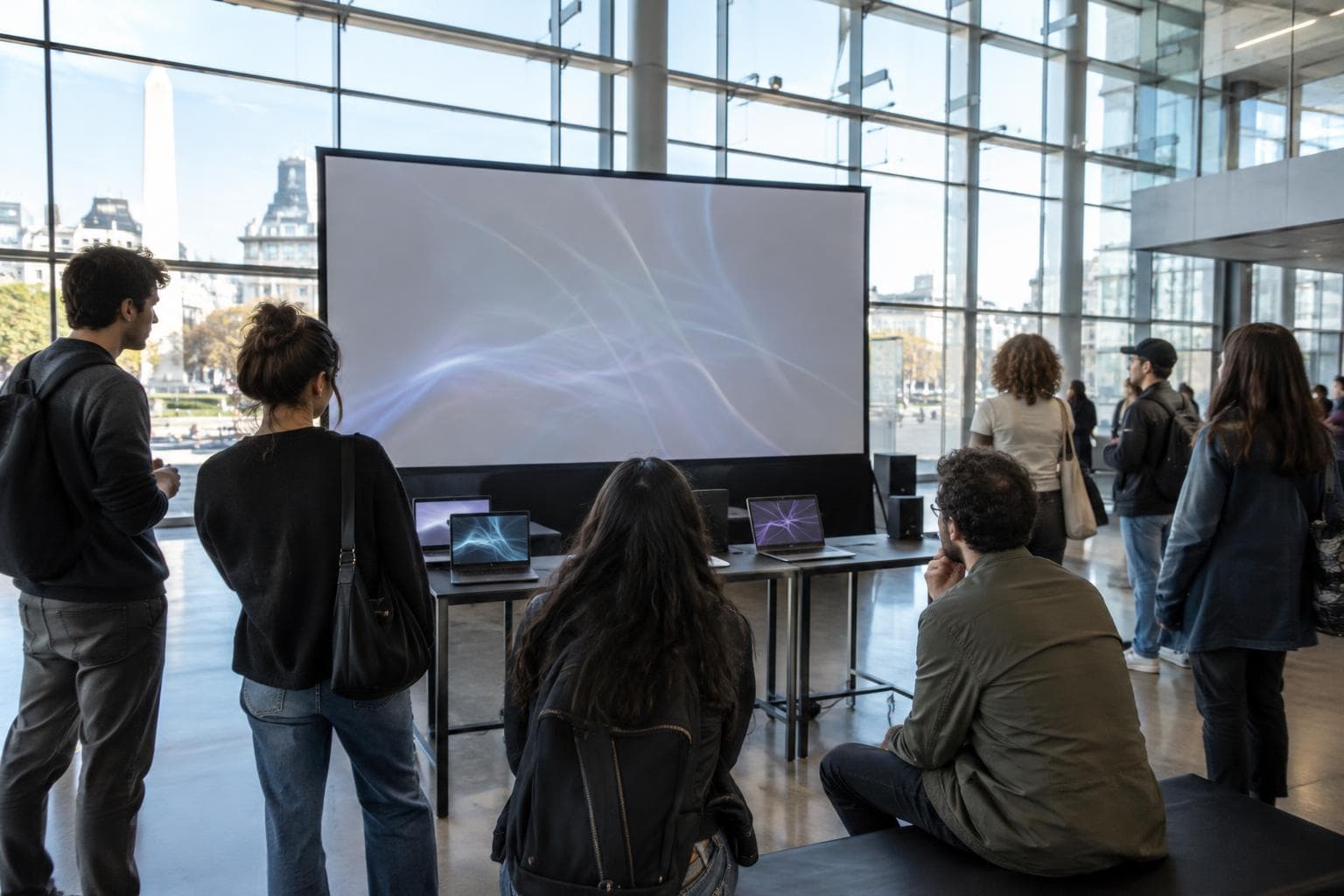 Visitantes en un centro de convenciones con pantallas audiovisuales sin texto.