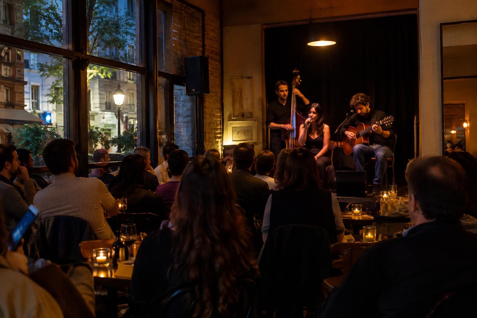Un café cultural porteño con público y un escenario pequeño al anochecer.