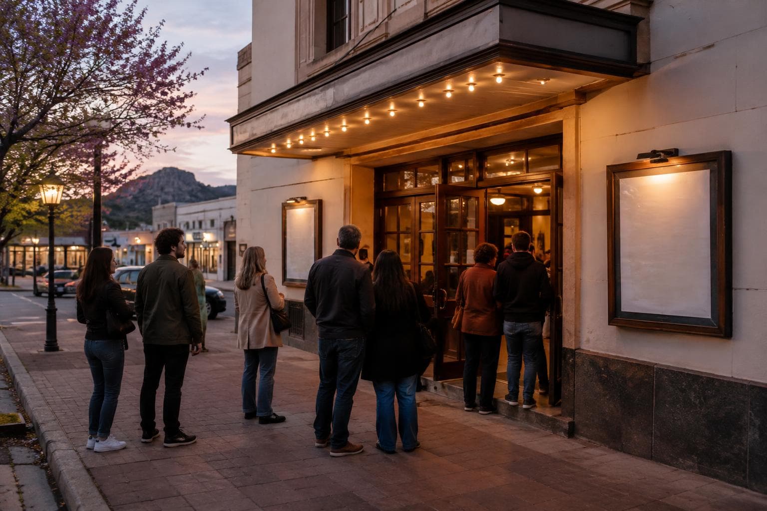Público frente a un cine de ciudad argentina al atardecer, sin logos ni texto visible.