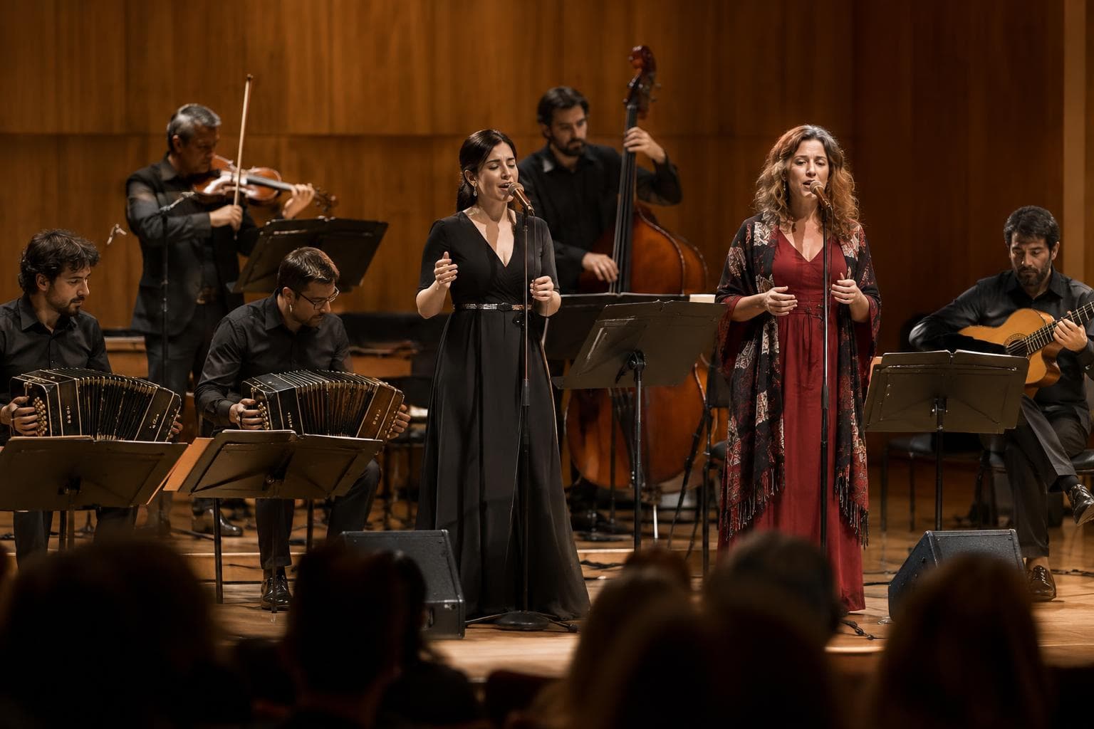 Ilustrativa, de una orquesta argentina de tango y folclore tocando en un auditorio con público.