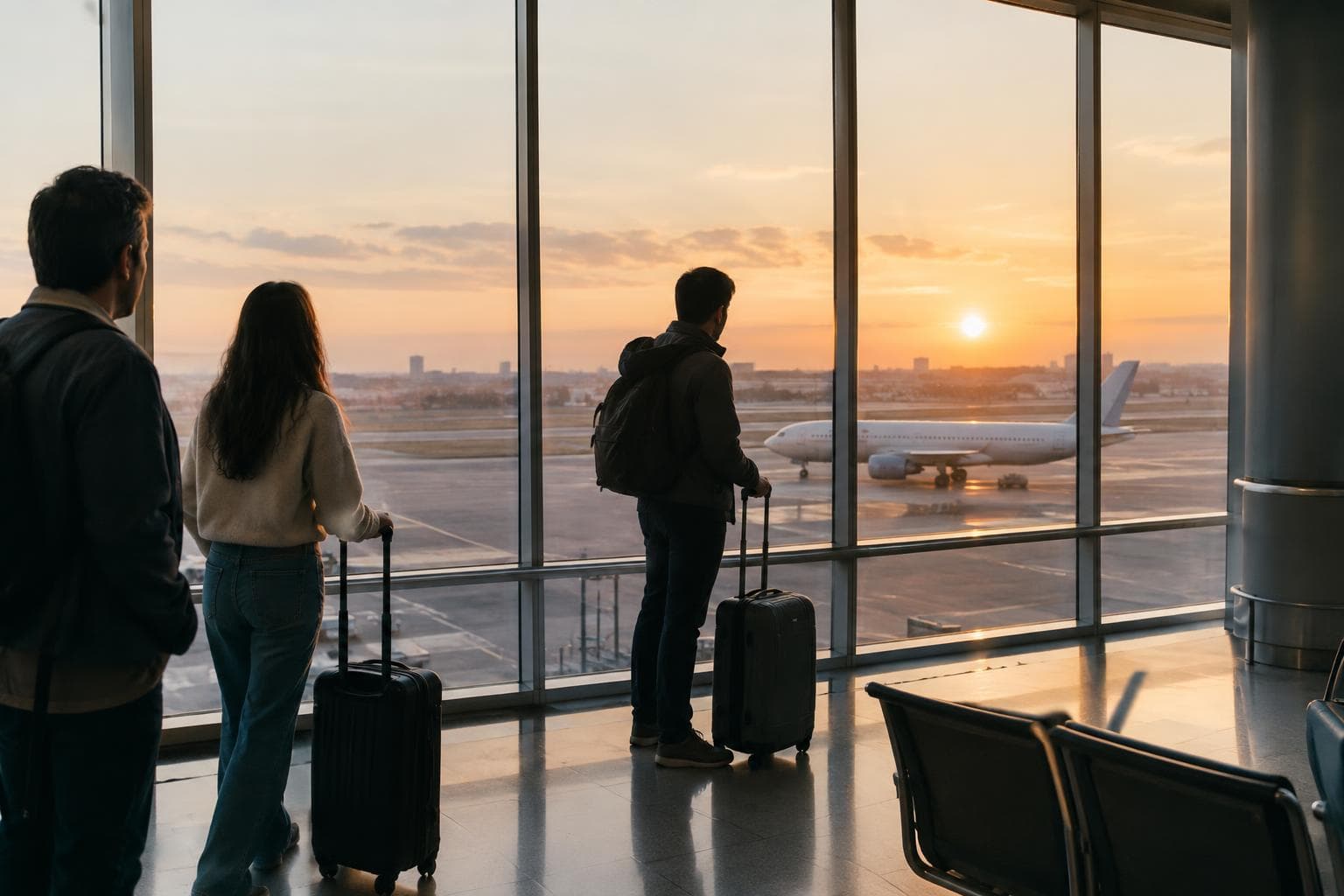 Pasajeros con valijas en un aeropuerto argentino, con pista y avión genérico al fondo.