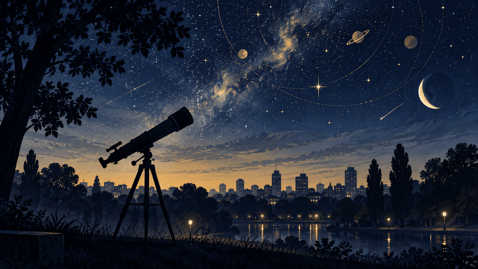 Ilustración de un telescopio bajo un cielo imaginario; no representa el Planetario ni el cielo observable