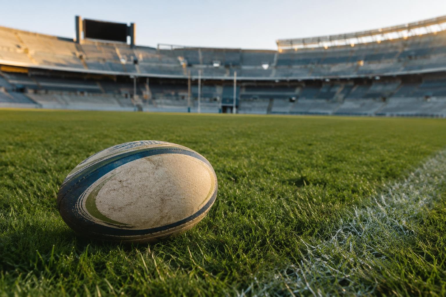 Una pelota de rugby sobre césped en un estadio vacío; es una ilustración editorial, no una foto documental.