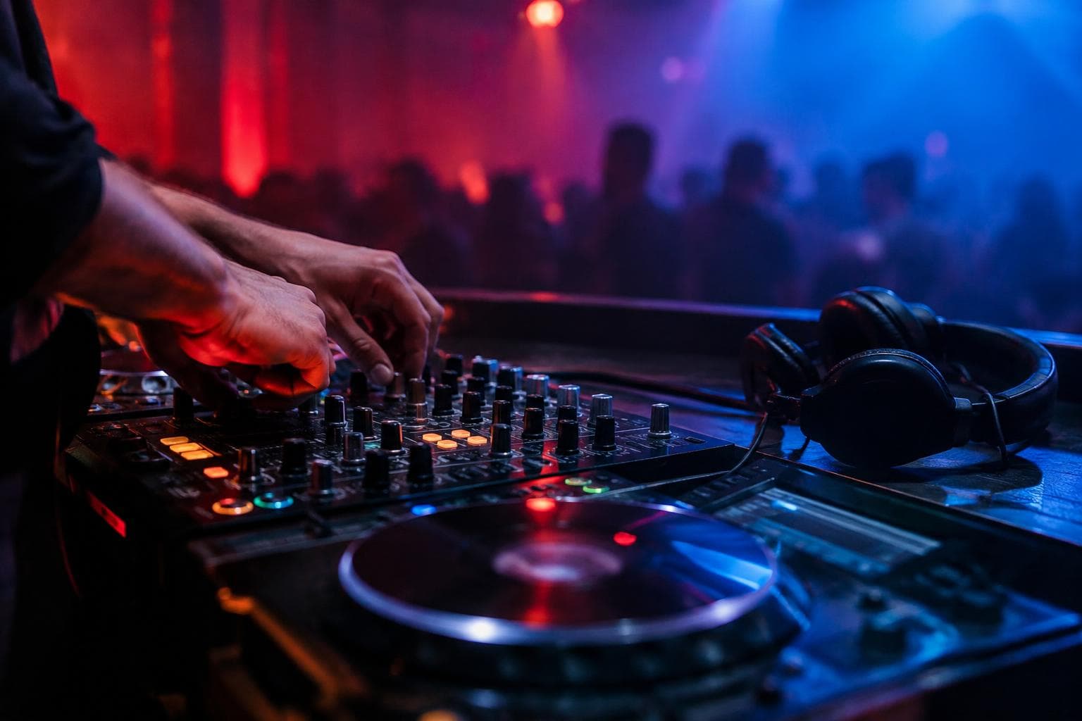Una cabina de DJ con consola, auriculares y luces de club.