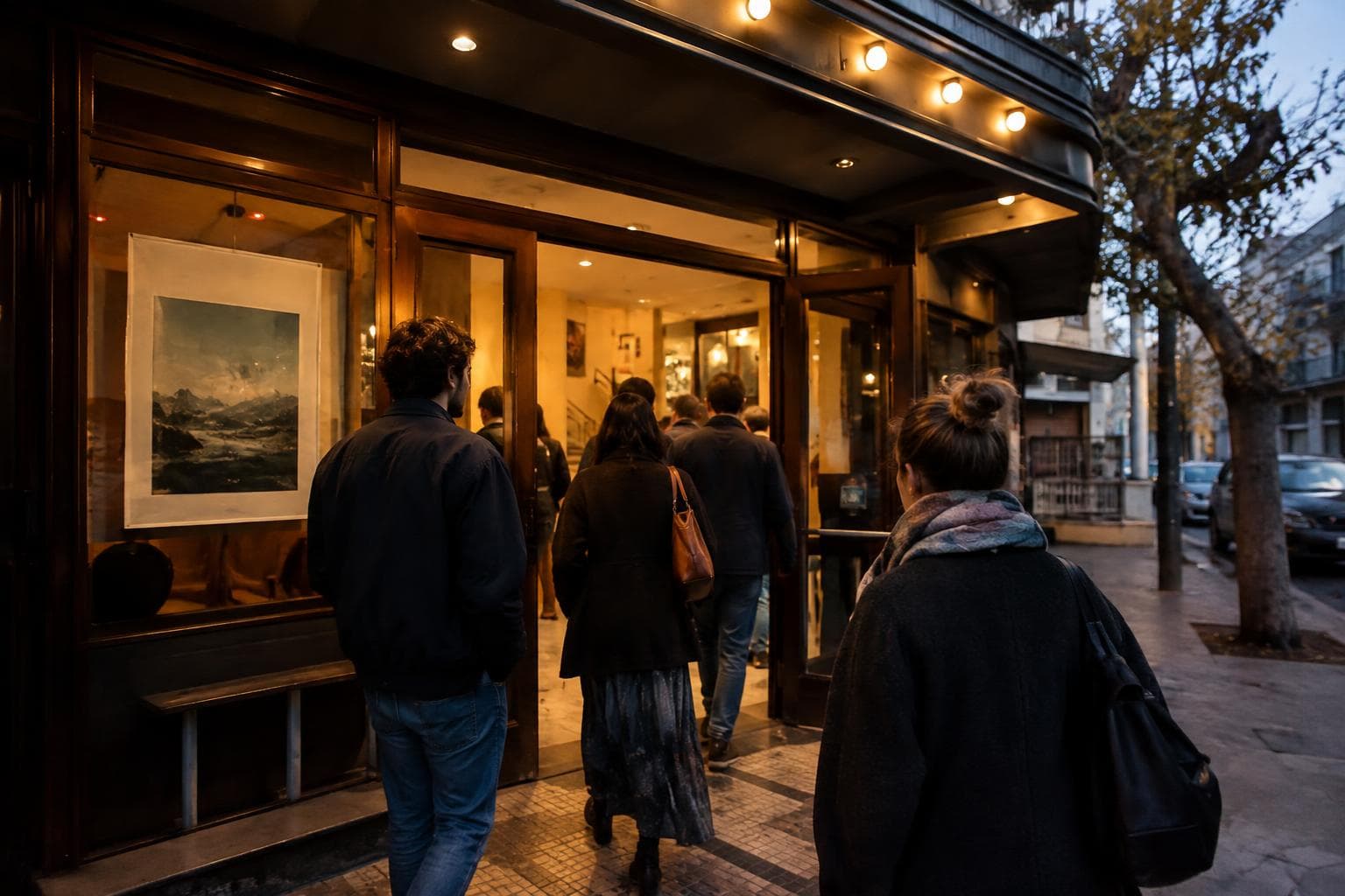 Ilustrativa, de público entrando a una sala de cine independiente antes de una función.