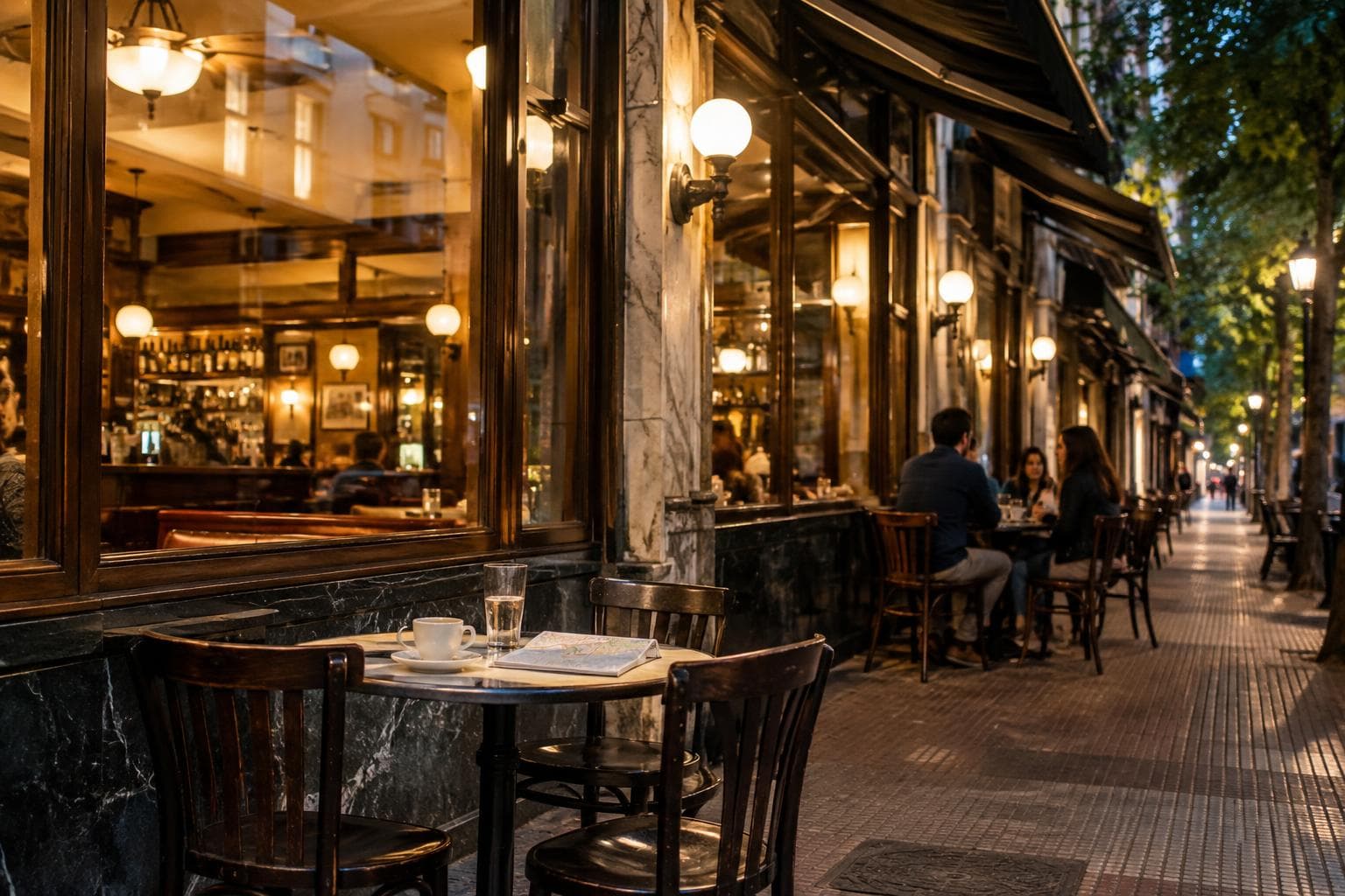 AI-generated photorealistic image: sidewalk tables outside a generic Buenos Aires-style bar lit at night, used as an illustrative scene.