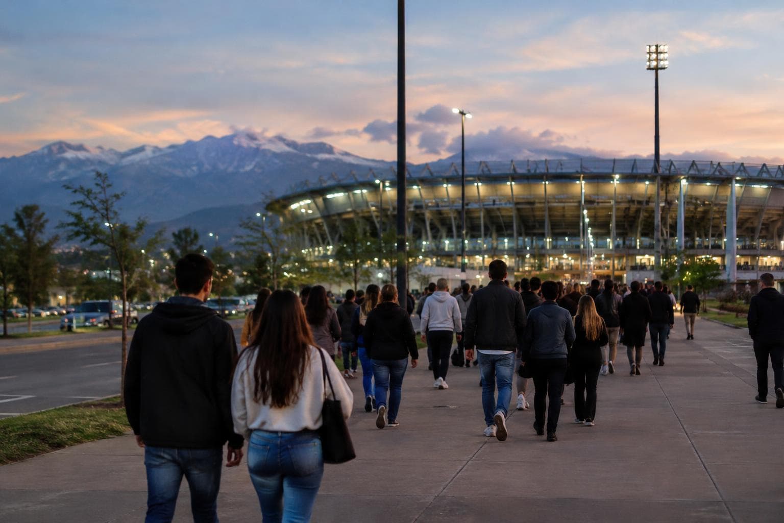 Fans walking at dusk toward a stadium in Mendoza.