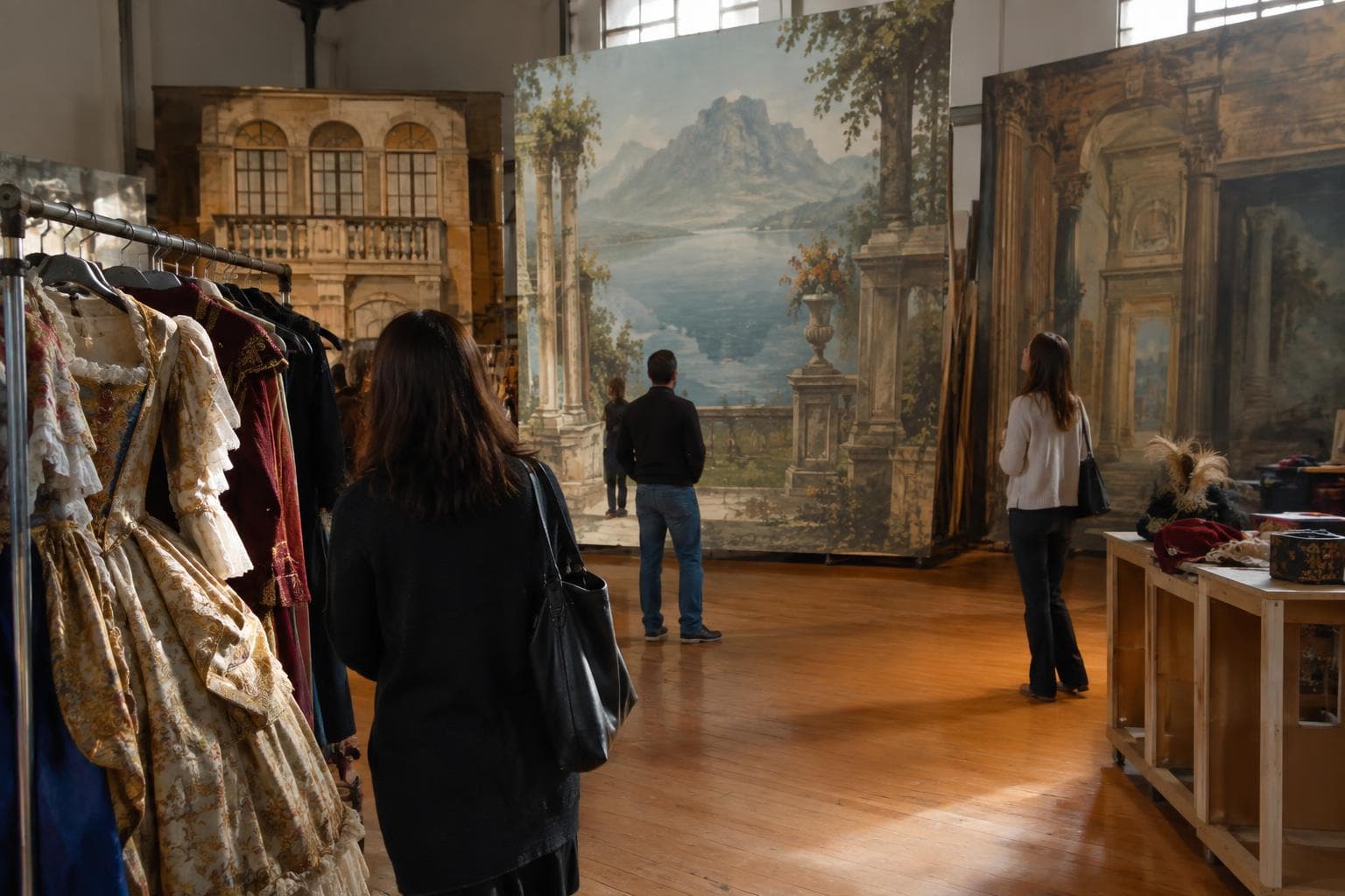 Imagen fotográfica editorial generada con IA: visitantes observan escenografías y vestuario teatral en un espacio de exhibición, como referencia ilustrativa para planear una salida a Colón Fábrica.