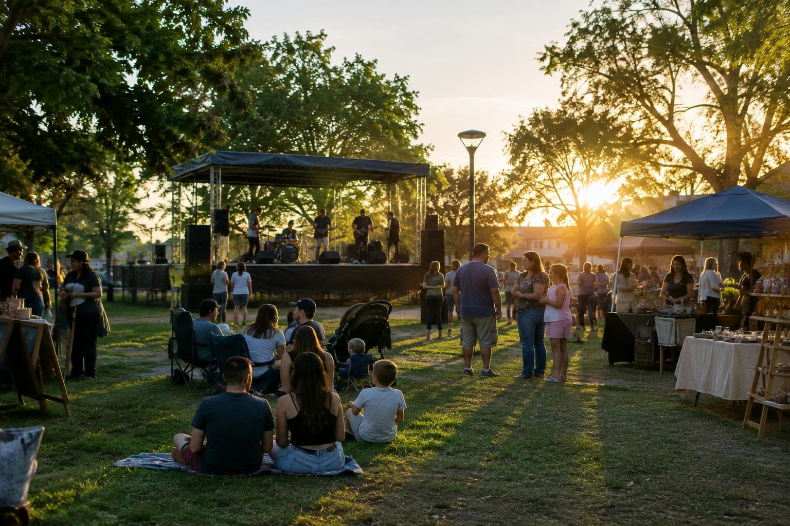 A Buenos Aires province town square with a mobile stage and evening crowd.