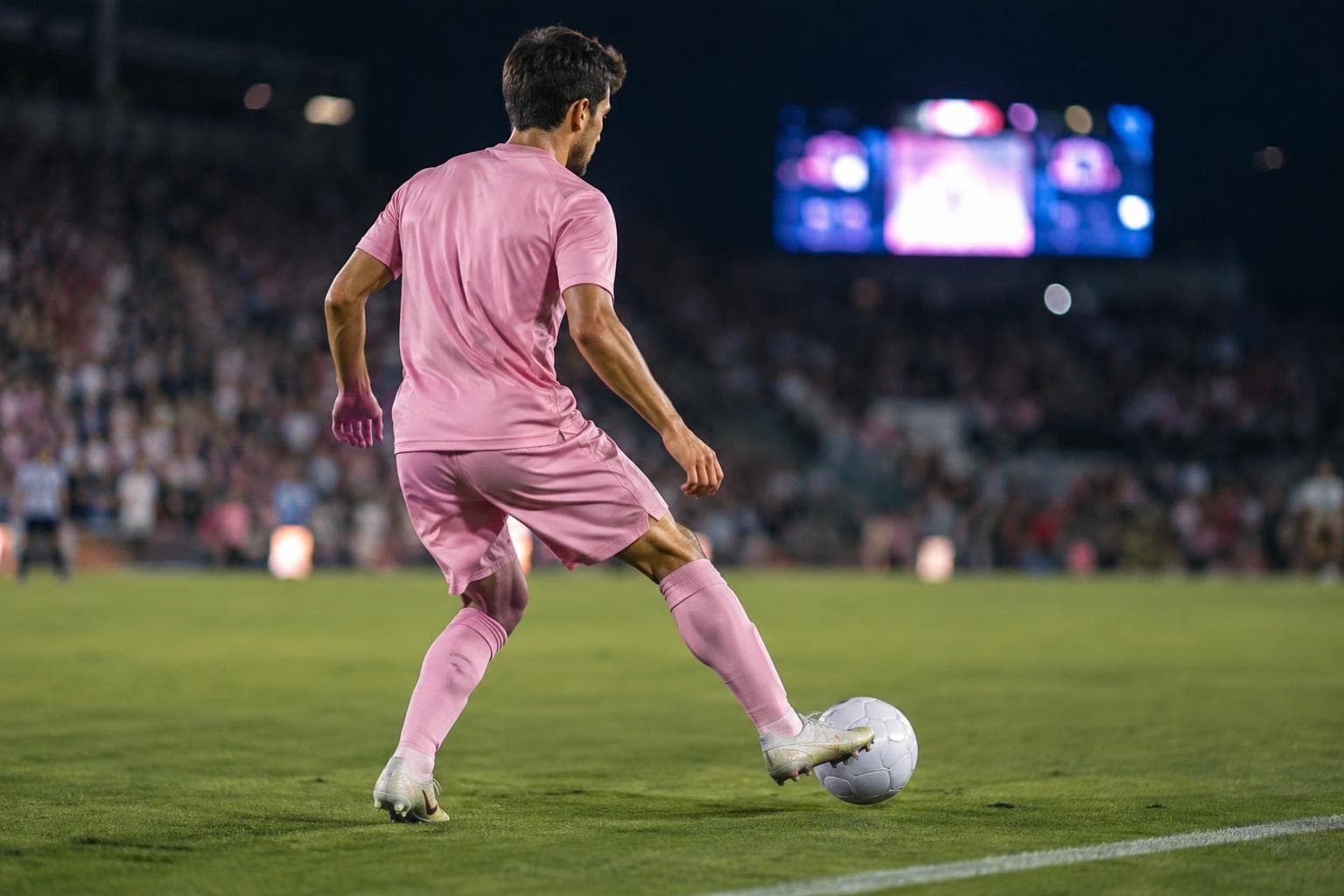 Un futbolista con camiseta rosa lisa controlando la pelota en un estadio nocturno.