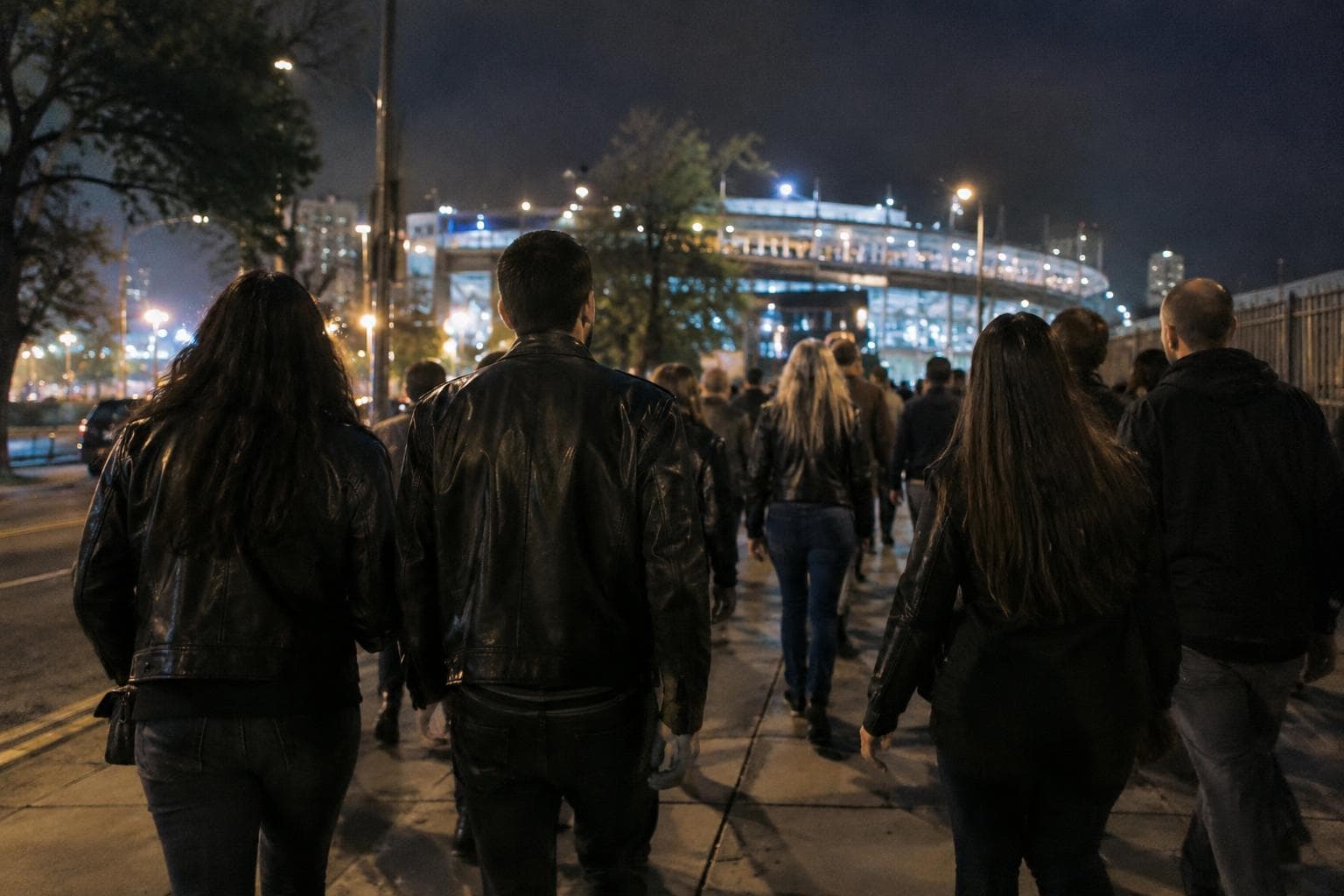 Fans de metal caminando de noche hacia un estadio porteño iluminado.