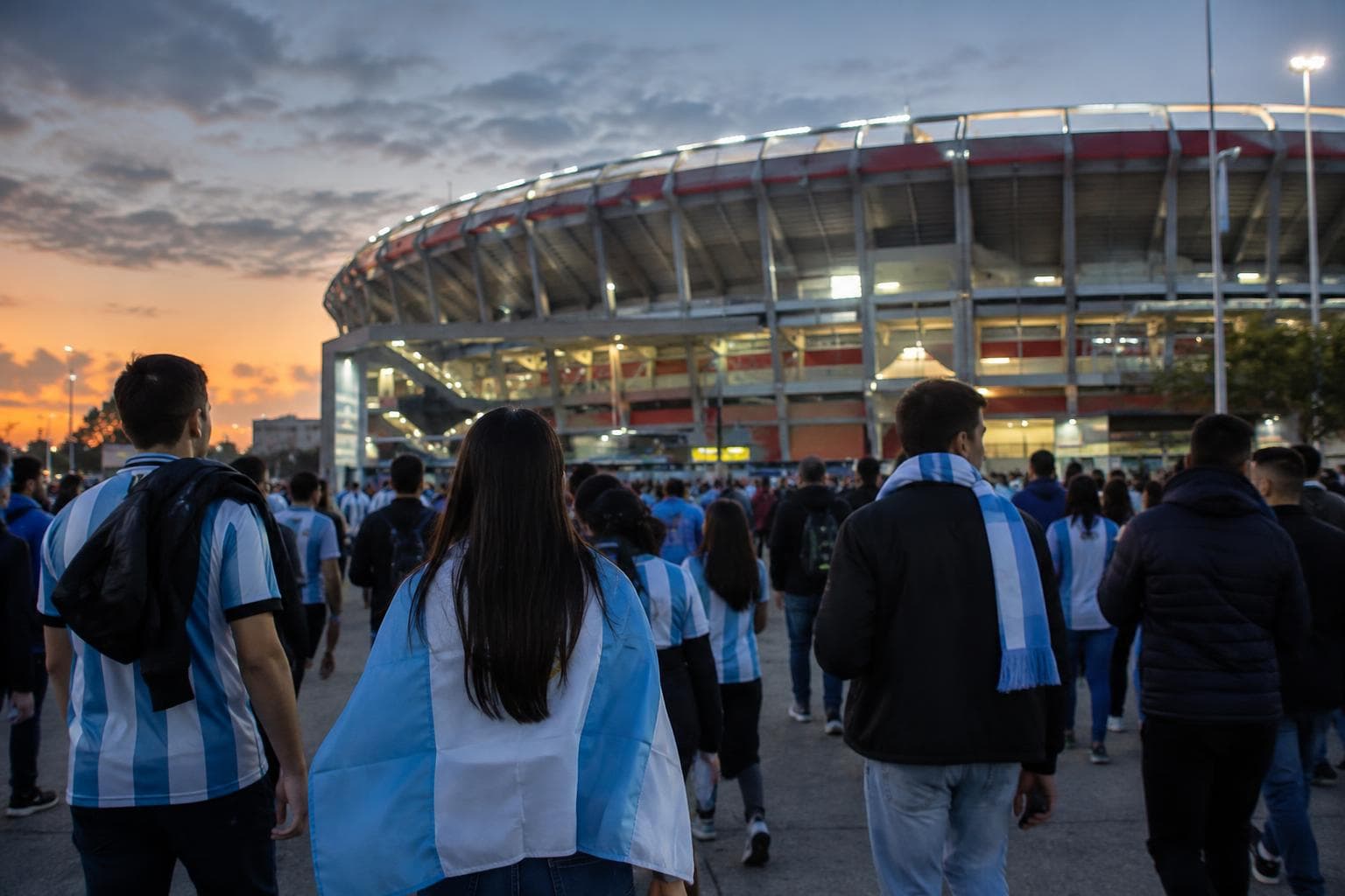 Fans walking toward an illuminated stadium at night, with no logos or text.