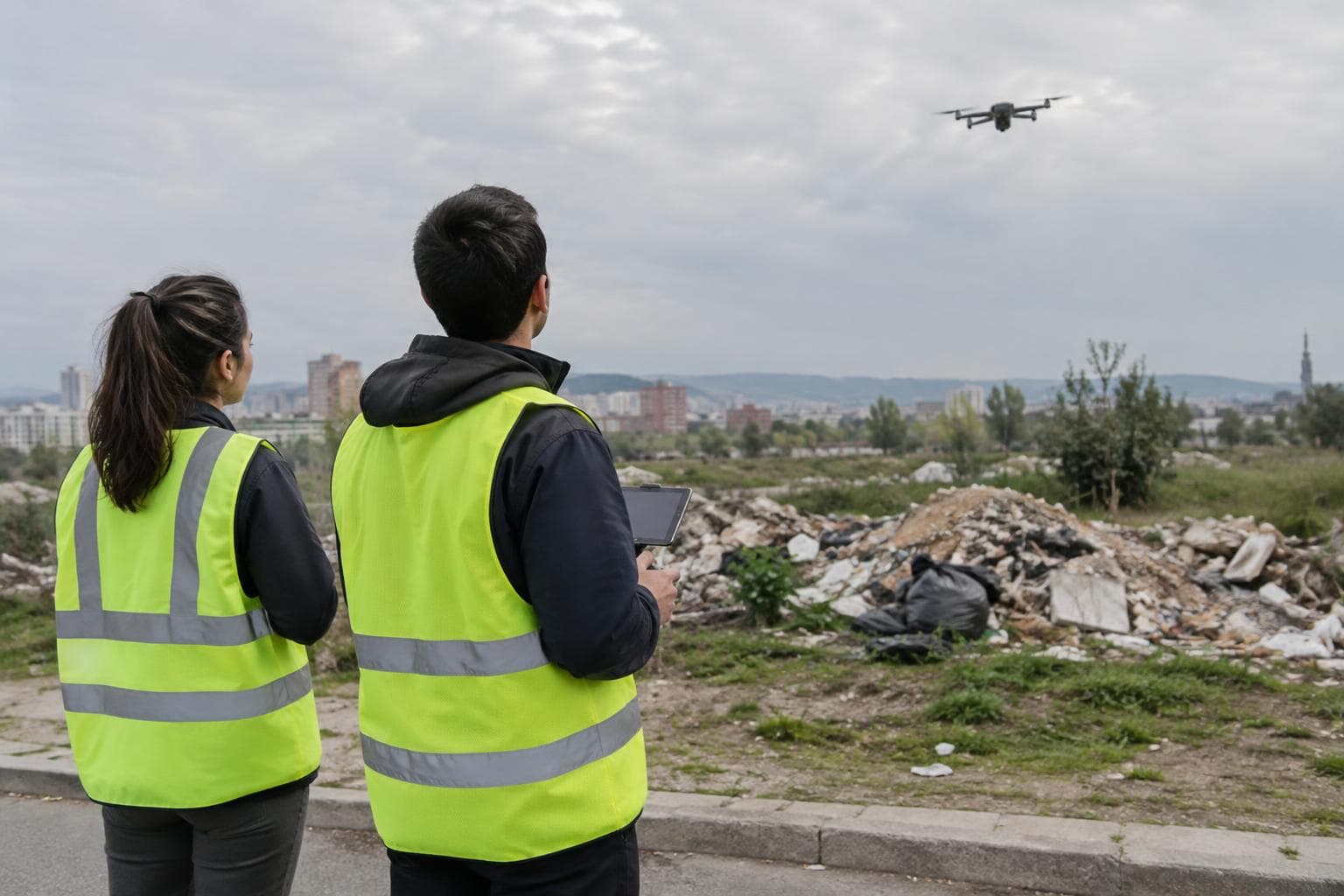 Un dron municipal sobrevolando un sector urbano con residuos en Córdoba.