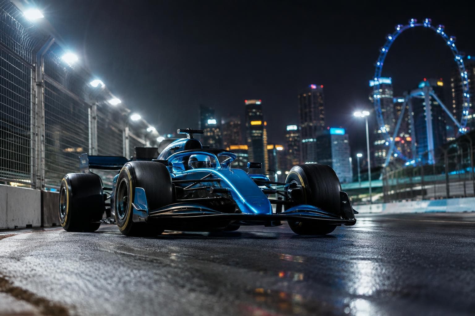 An unbranded blue formula car on a night-time street circuit.