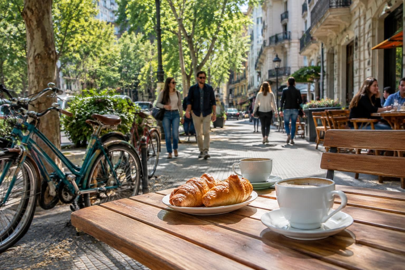 AI-generated photorealistic illustrative image: a café table, bicycles and people on a tree-lined Buenos Aires sidewalk during a weekend.