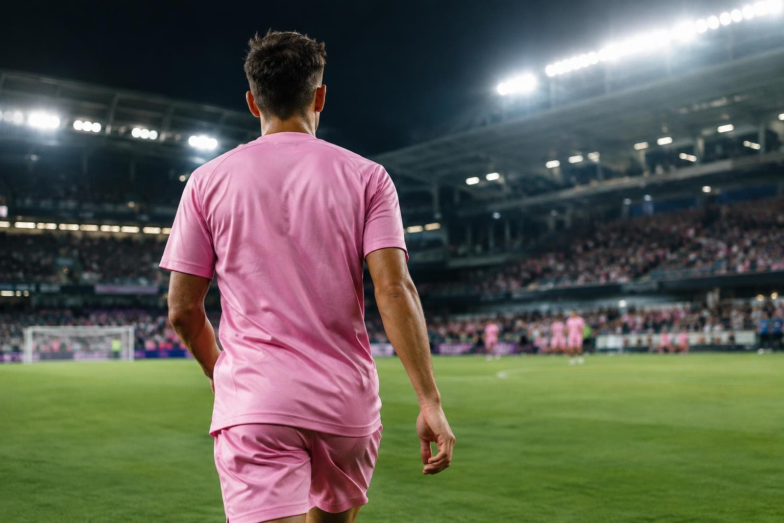 Un futbolista genérico con camiseta rosa en un estadio nocturno, usada como ilustración editorial.