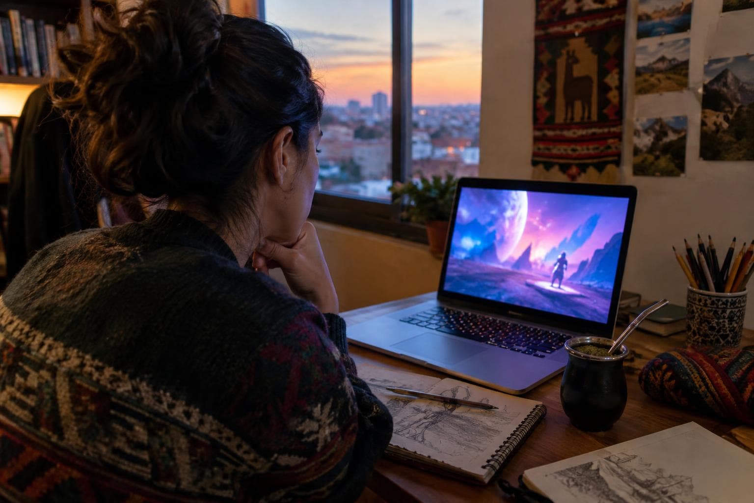 Una persona viendo animación en una laptop, con cuadernos de dibujo y mate sobre el escritorio.