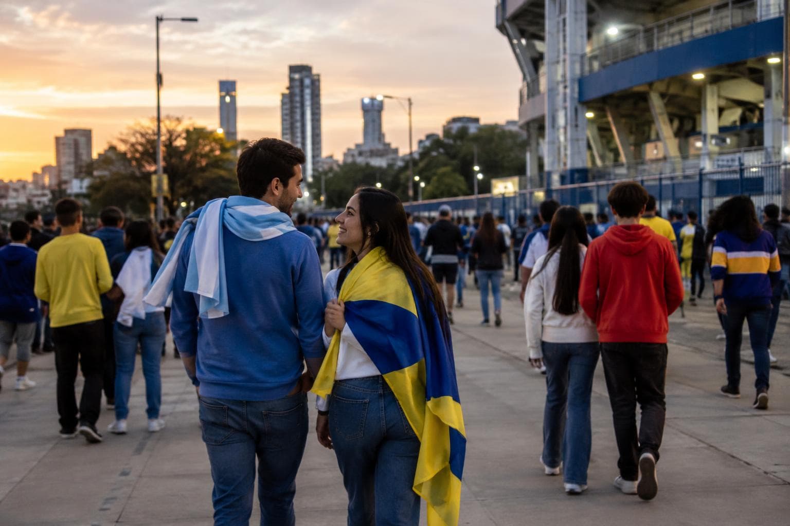 Generic supporters walking toward an Argentine stadium at dusk.