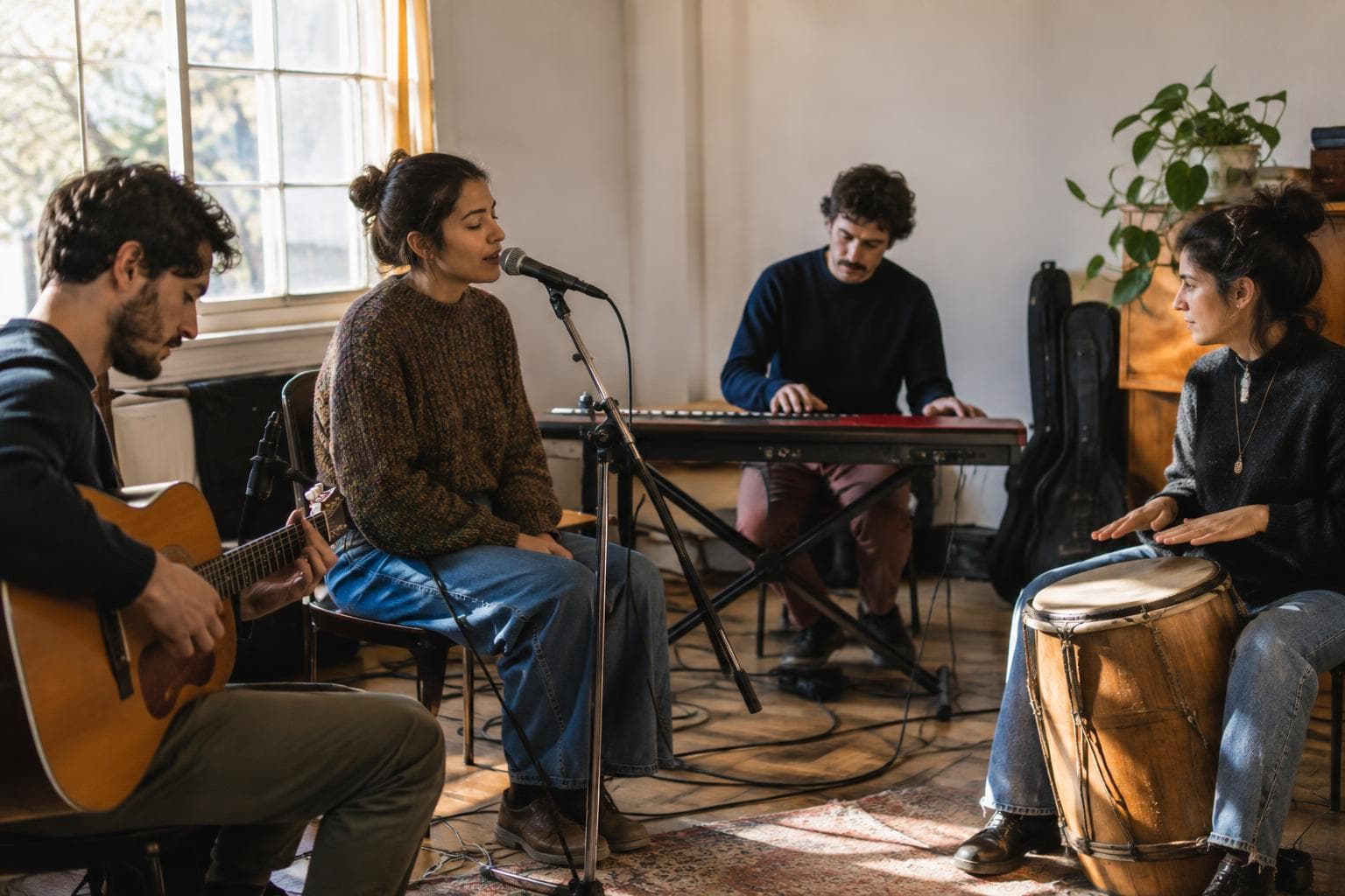Musicians rehearsing in a community room.