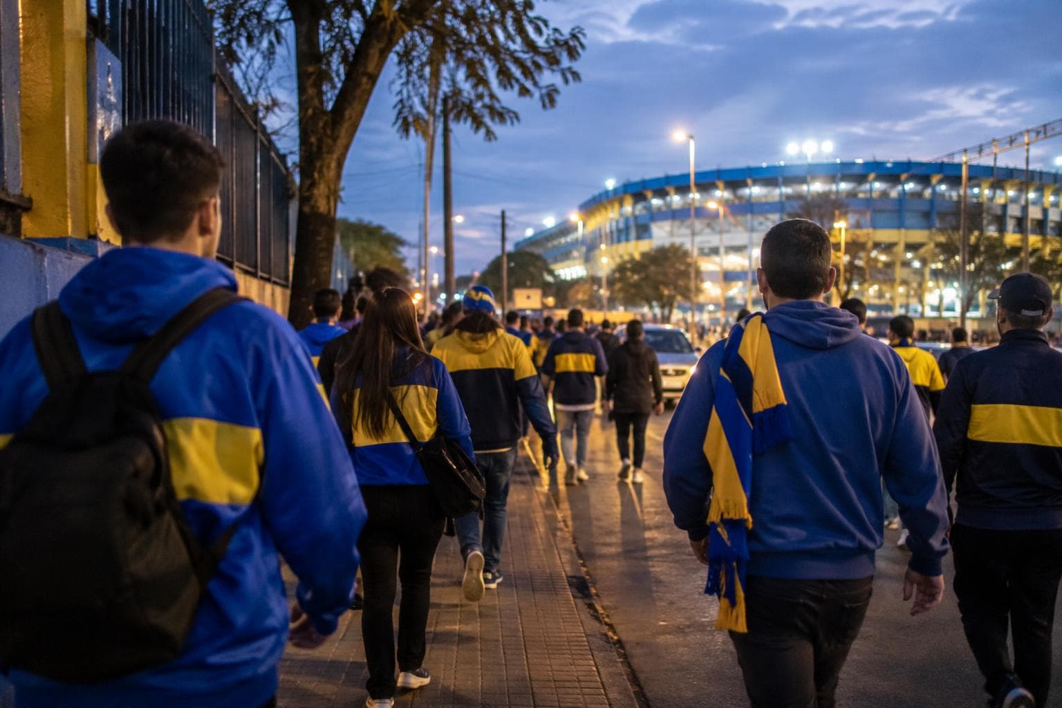 Fans walking at night toward a stadium, with no visible logos.