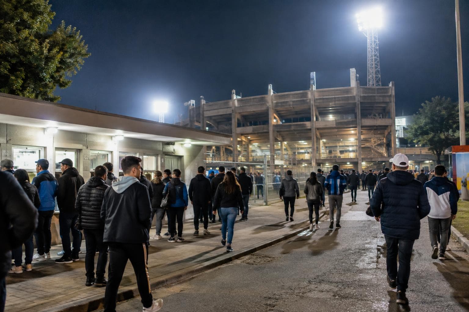 Público llegando de noche a un estadio argentino para un partido de fútbol.