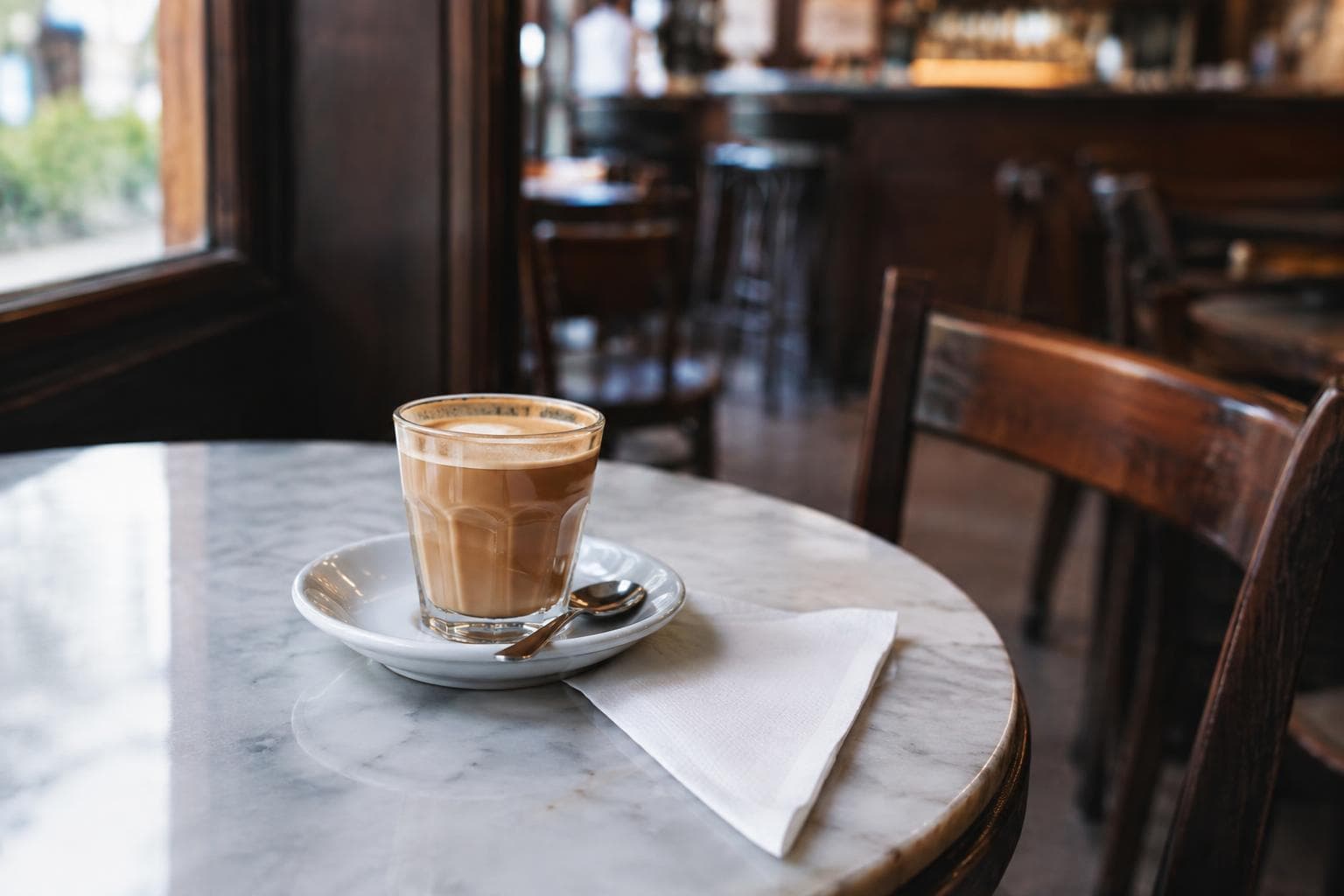 A cortado on a marble table inside a quiet Buenos Aires café.
