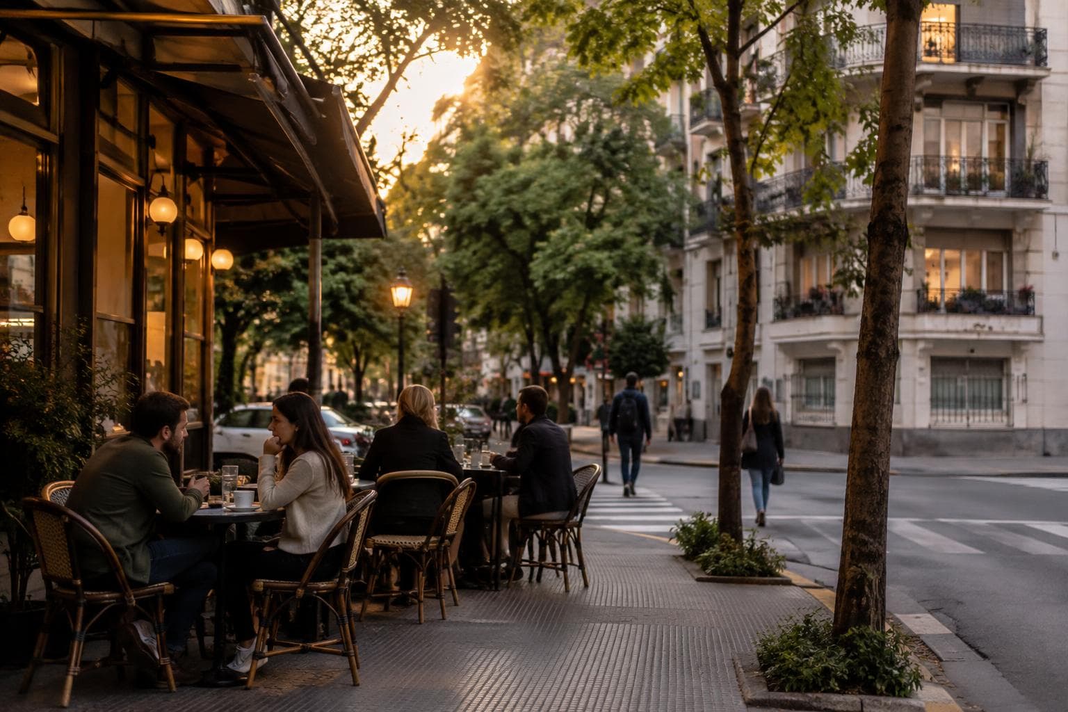 Una esquina porteña tranquila al atardecer, con mesas de café y personas de fondo; ilustración editorial no documental.