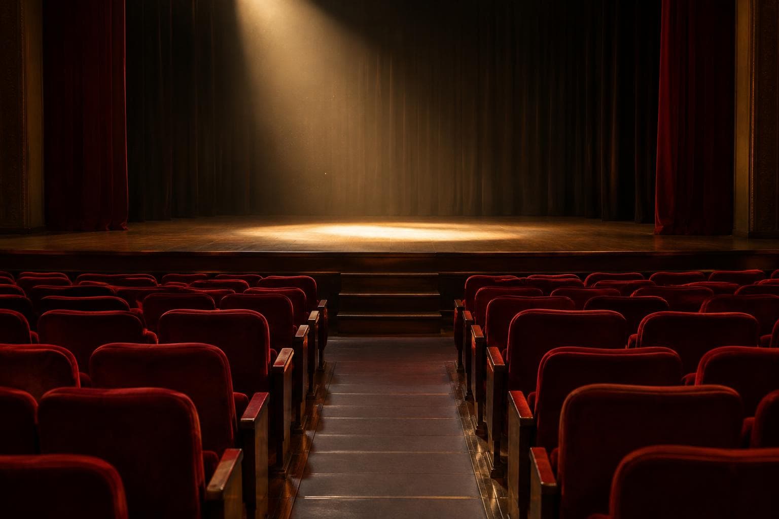 Un teatro vacío con butacas rojas y luz cálida sobre el escenario.