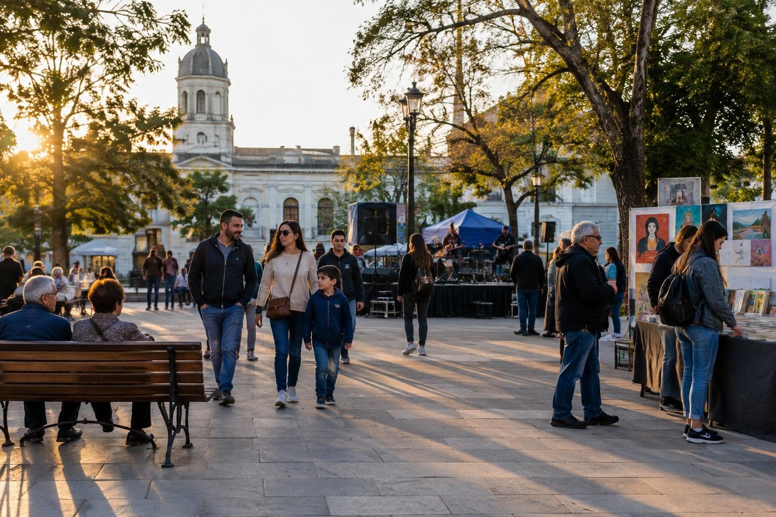 Vecinos en una plaza bonaerense durante un festival cultural.