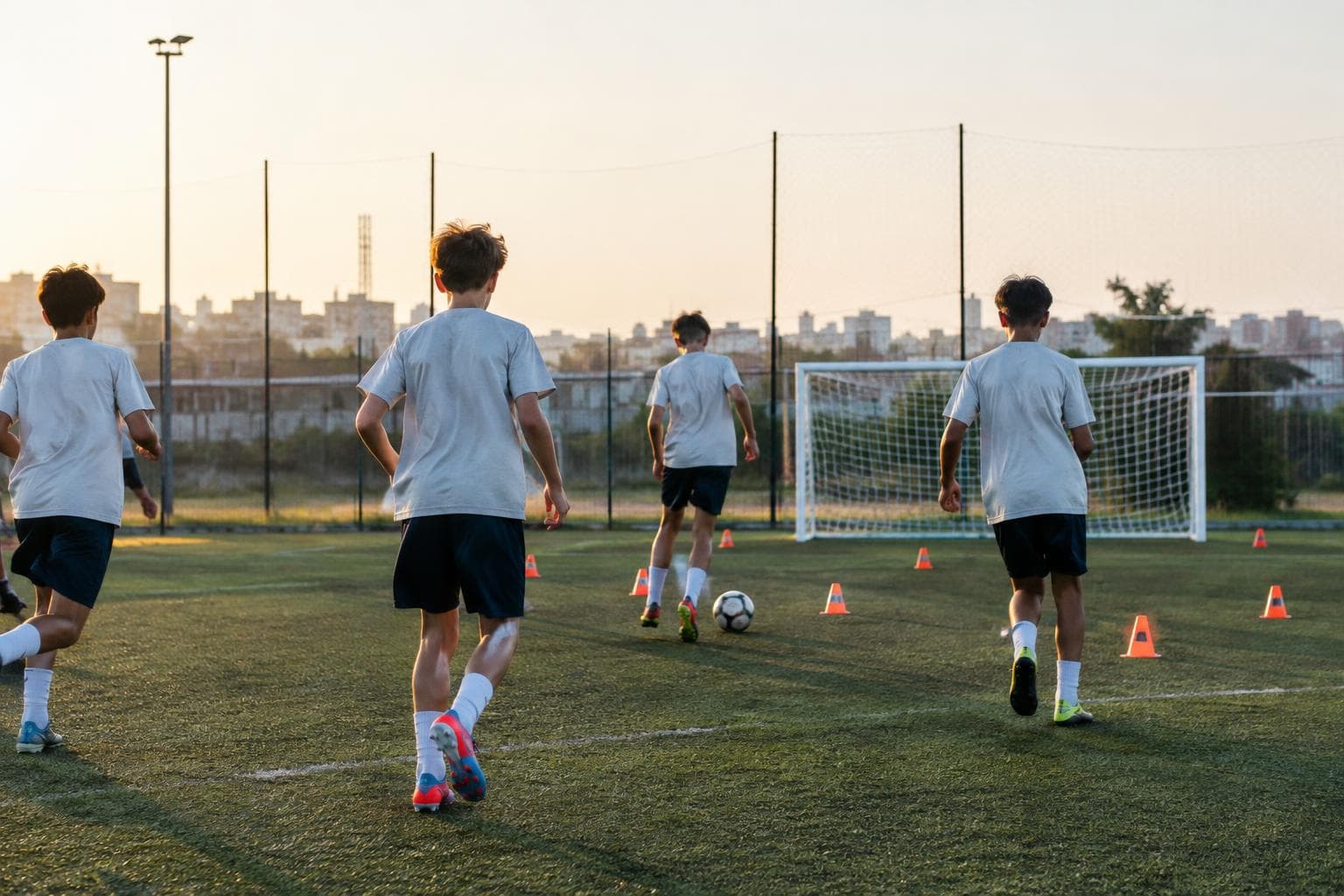 Juveniles entrenando en una cancha reducida, sin logos ni rostros identificables.