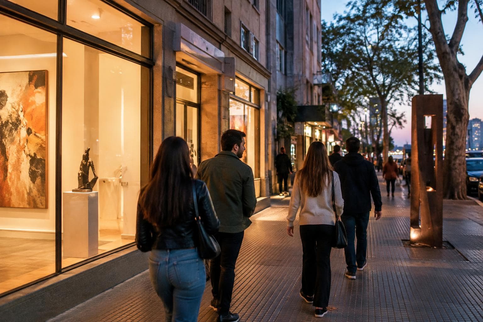 Personas recorriendo una zona de galerías y arte urbano al atardecer en Rosario.